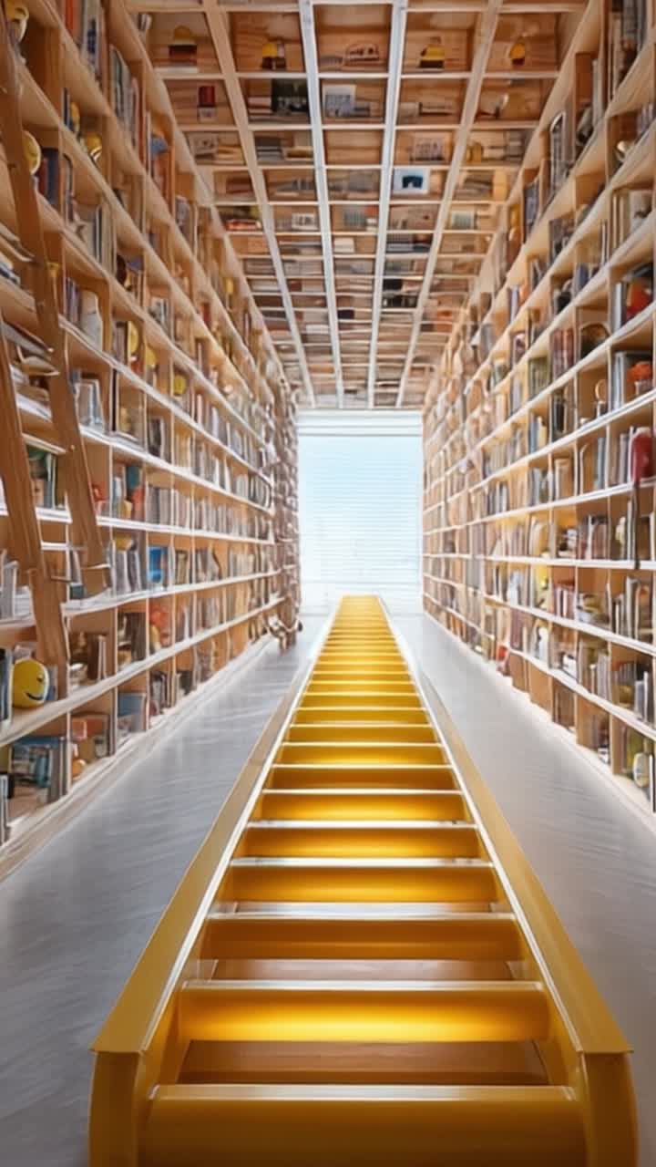 Luminosi sentieri della conoscenza: una scala gialla illuminata che conduce attraverso una biblioteca moderna, circondata da file di libri con luce naturale che filtra all'interno