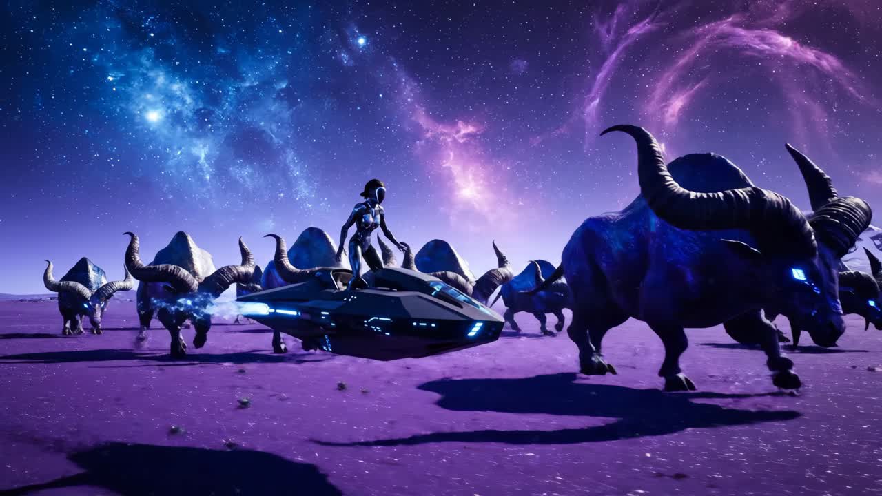 Futuristic Alien Landscape with Flying Vehicle and Creatures