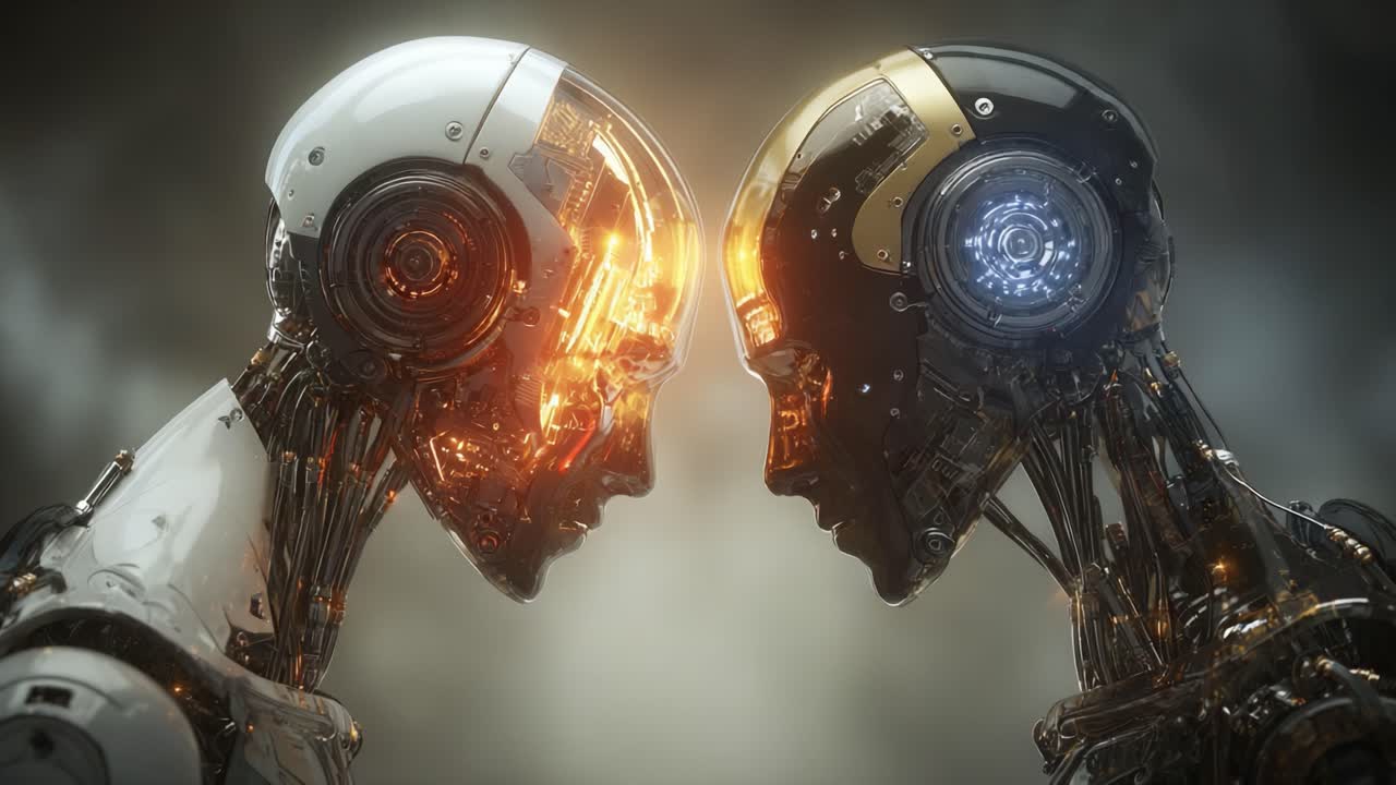 Un affascinante scontro di tecnologia: due robot umanoidi con design complessi si affrontano, mettendo in mostra le loro caratteristiche futuristiche e i circuiti avanzati in una luce drammatica