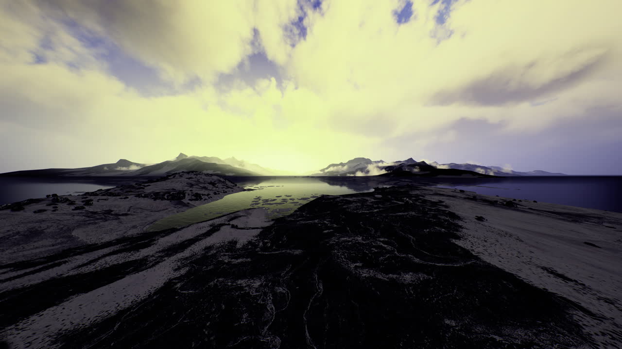 Dramatic sunset over rocky coastline and tranquil waters near mountains