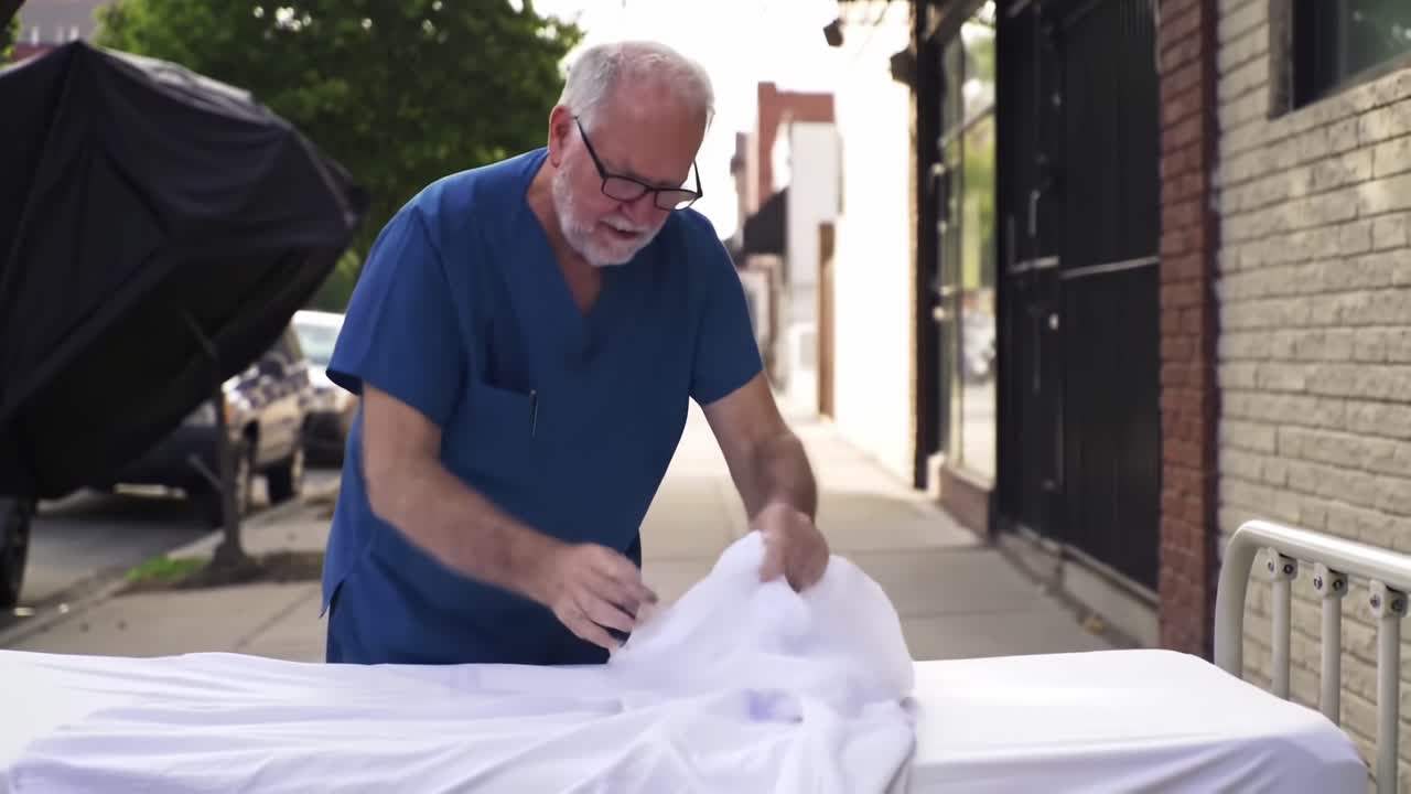An Expert's Technique in Folding Hospital Sheets Demonstrated on a Sunny Sidewalk by a Gentleman's Careful Hands and Precise Movements in a Professional Setting