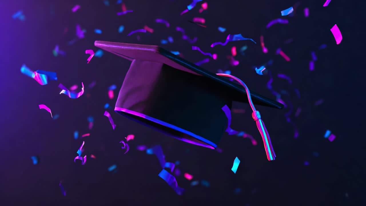 Celebratory Graduation Cap Surrounded by Colorful Confetti as Symbol of Achievement, Commemoration, and New Beginnings in a Joyous Academic Environment with Vibrant Colors