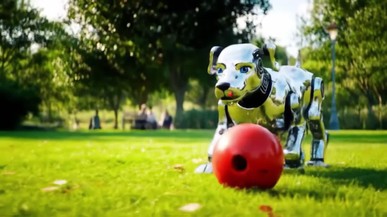 A shiny robot dog is seen playing with a bright red ball in a green park. The afternoon sun illuminates the park, creating a lively and fun atmosphere.