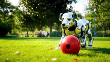 a shiny robot dog is seen playing with a bright red ball in a green park. the afternoon sun illuminates the park, creating a lively and fun atmosphere.
