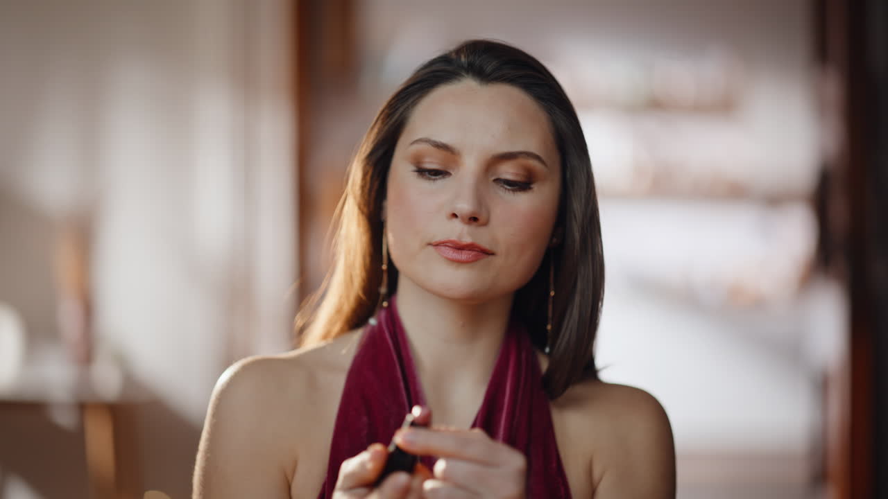 Glamorous girl painting lips with red colour looking mirror in apartment closeup