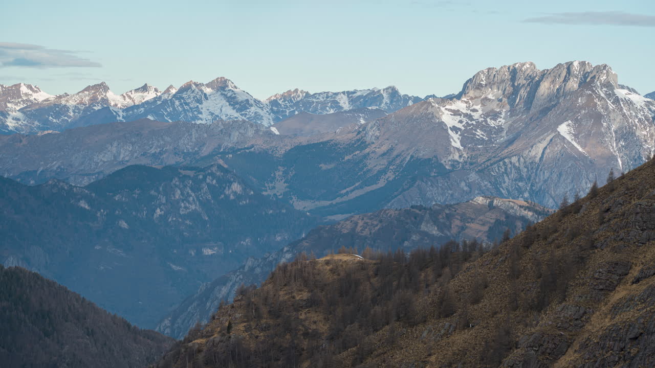 majestuosa cordillera con picos cubiertos de nieve bajo un cielo azul claro, time-lapse
