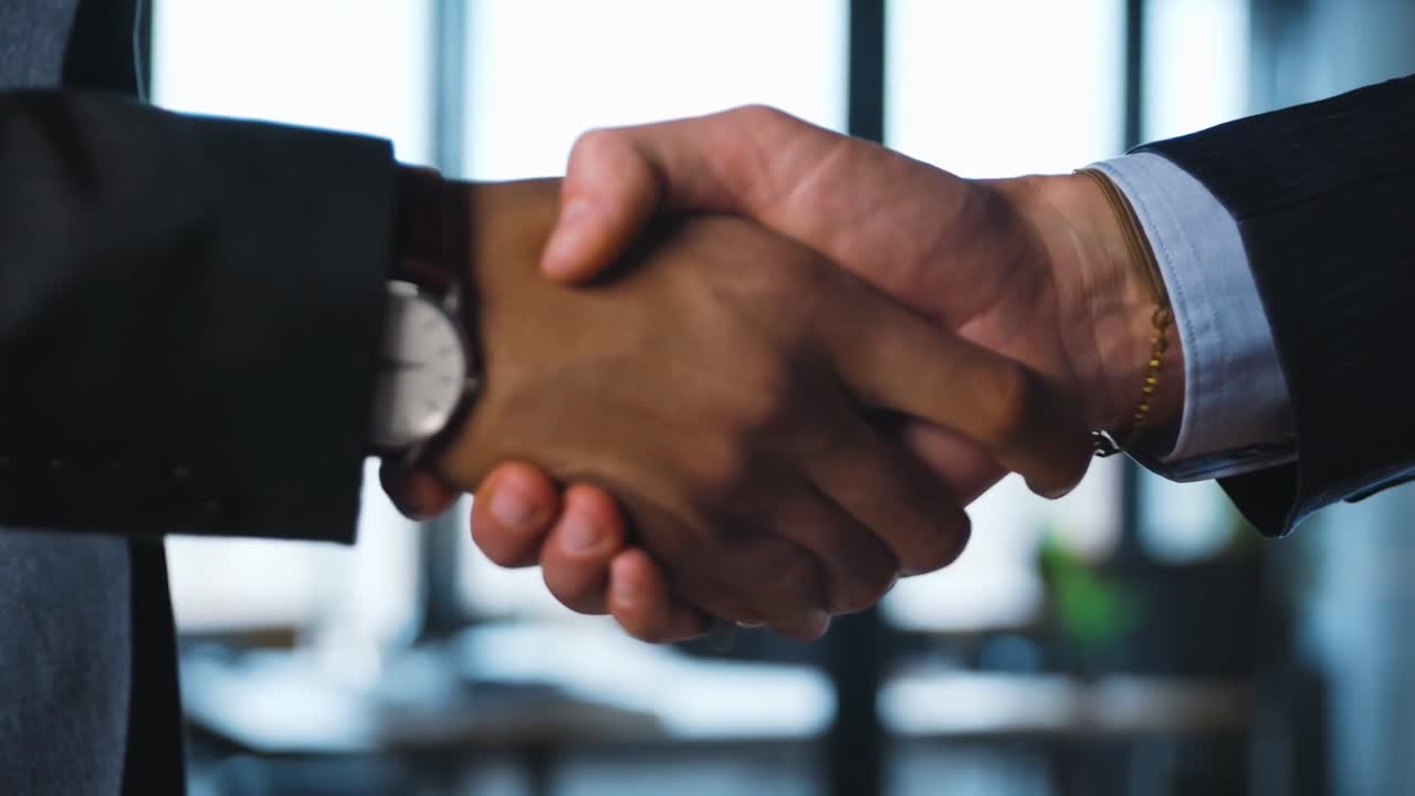 Close-up video of a handshake in a business setting, shot from a side angle