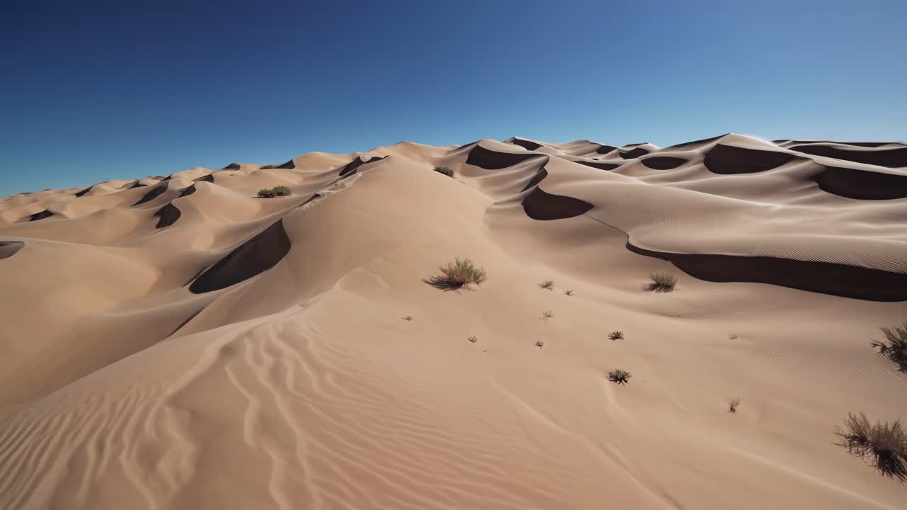 Aerial video captures vast desert dunes under a clear blue sky, showcasing sweeping curves