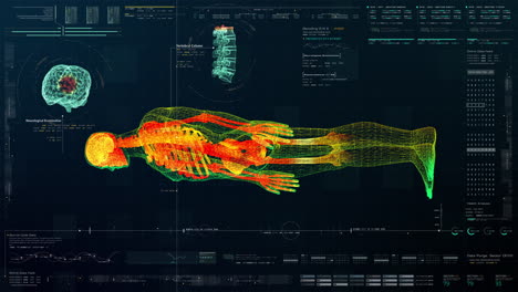 futuristic head up display motion element virtual biomedical holographic human body scan neurological examination, axial skeleton, vertebral column, dna and heart diagnostic for background display