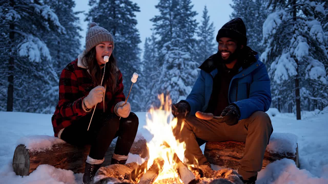 Couple enjoying a campfire in winter