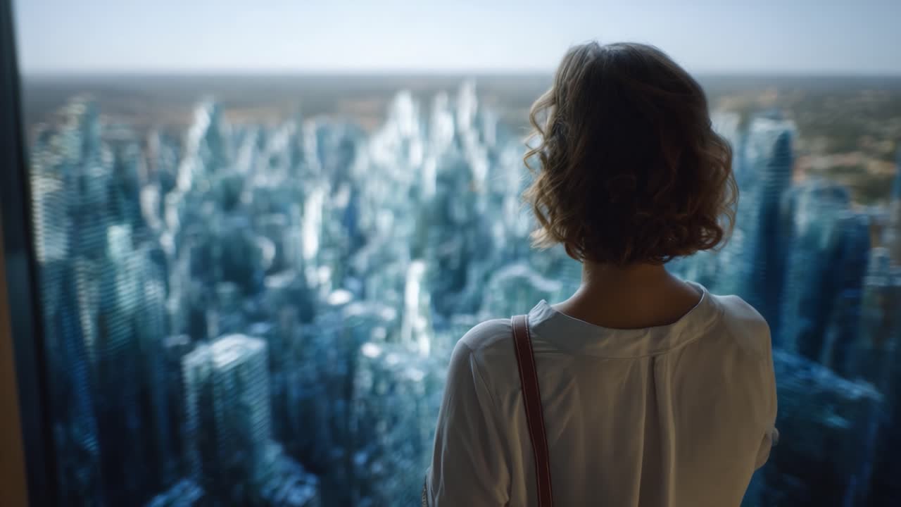 A contemplative moment as a person gazes out over a stunning glass cityscape, reflecting an urban skyline filled with towering futuristic structures and nature's beauty