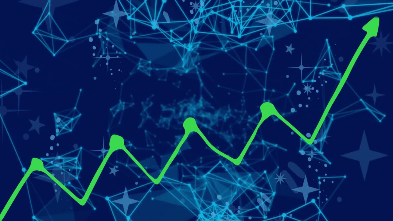 animación de gráfico verde y estrellas y redes de comunicación sobre fondo azul