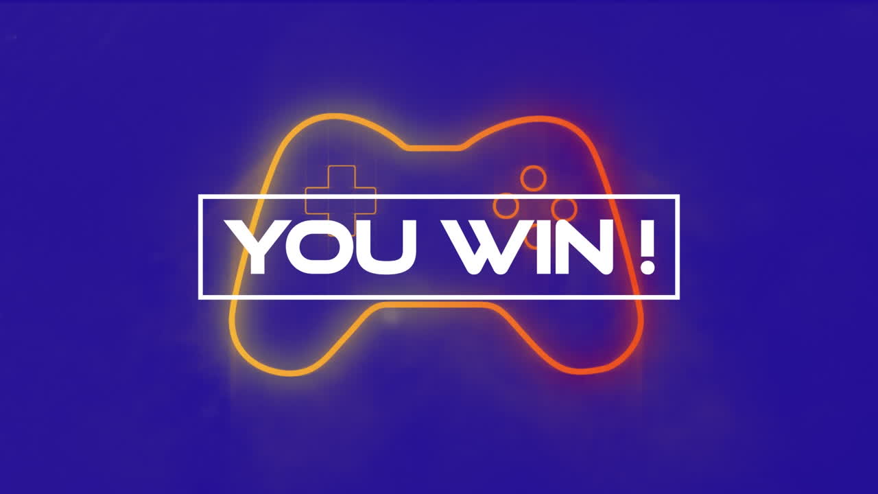 Animation of you win text over neon video game controller and purple background