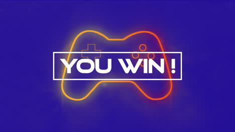 animation of you win text over neon video game controller and purple background