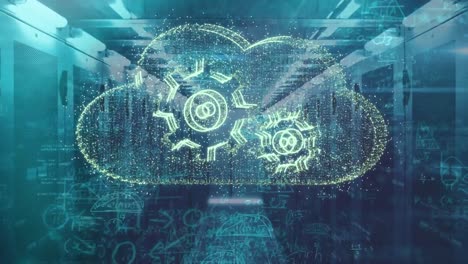animation of mechanical gears in cloud, mathematical equation and diagrams over server room