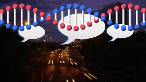 Animation-of-speech-bubbles-and-dna-strand-over-cityscape