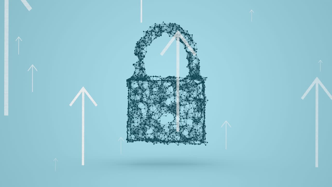 animación de flechas blancas que apuntan hacia arriba sobre el candado de seguridad en línea sobre fondo azul