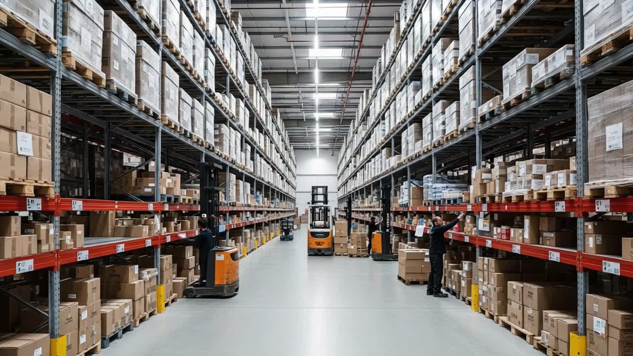 Large Warehouse with Forklifts and Inventory
