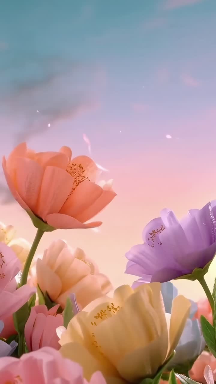 Close-up video of vibrant flowers against a pastel sky, shot from a low angle