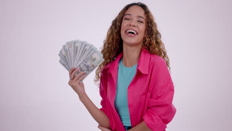 Happy-woman,-money-fan-and-savings-in-winning