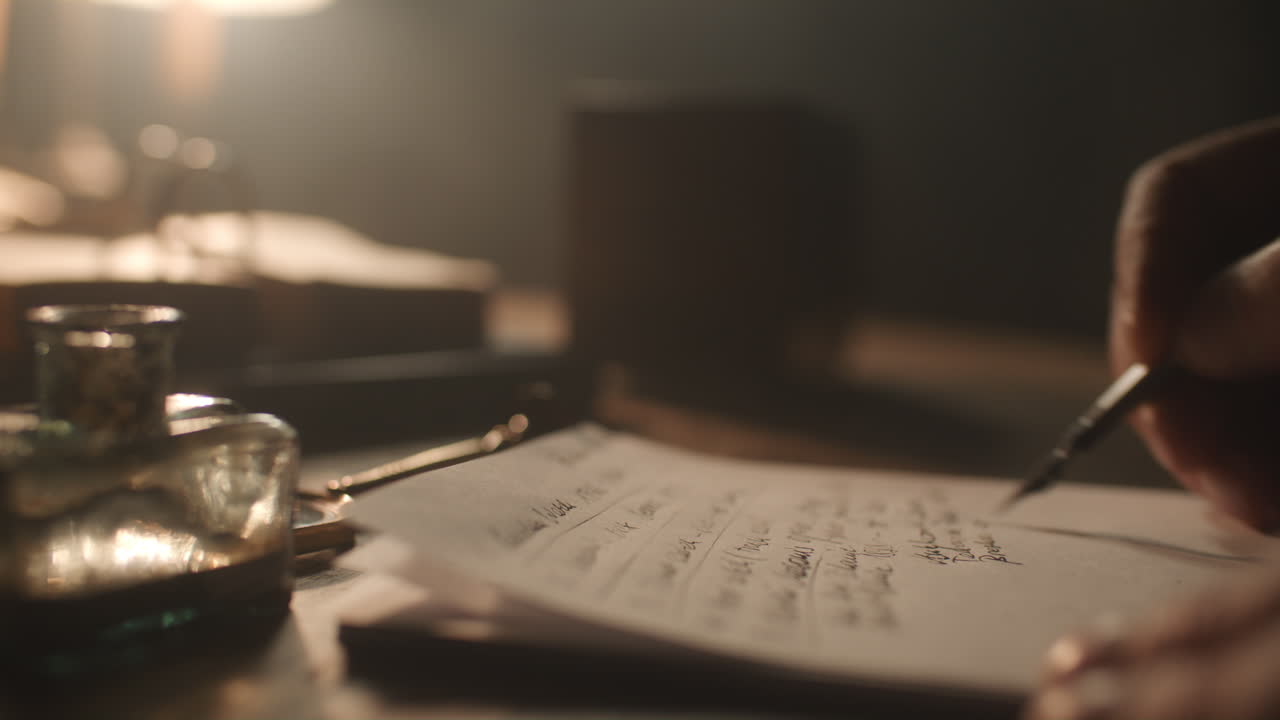 Old passionate man writes a letter in his office at night