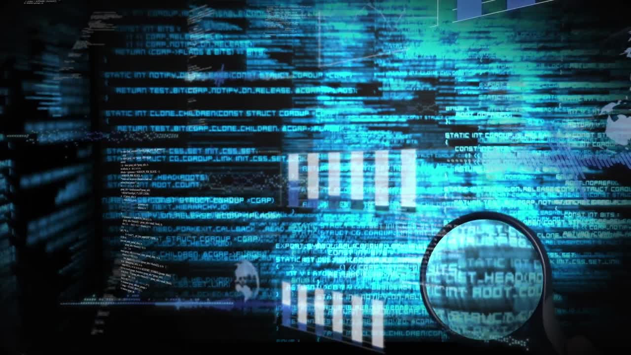 Animation of data, lights, fingerprint and hands of caucasian man with magnifier