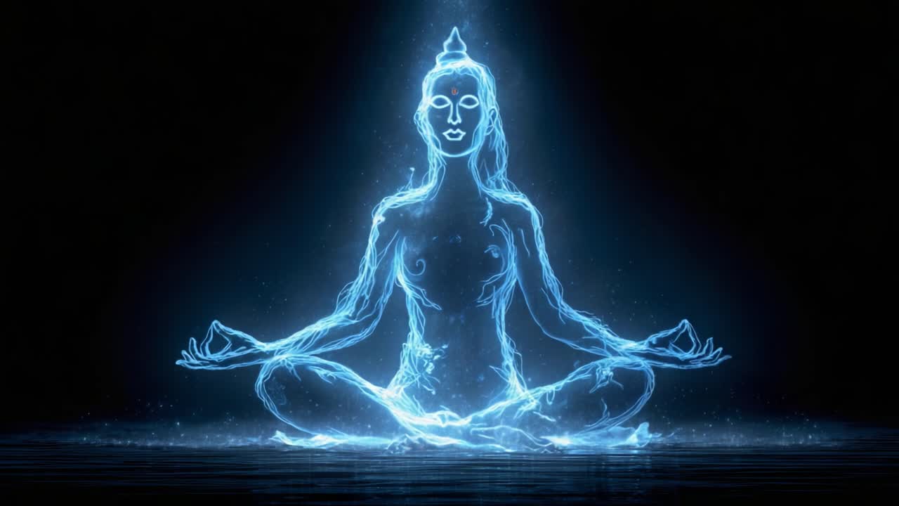 Una Figura Serena che Medita in Luce Radiosa: Un'Illuminazione di Consapevolezza e Tranquillità Catturata in una Forma Mistica Eterea.