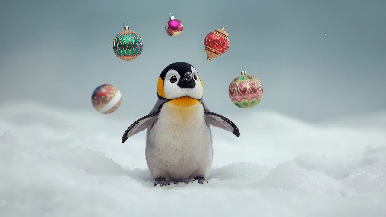 Reacting to breeze, plush penguin chick tilting head while standing on snowy set, baubles swaying