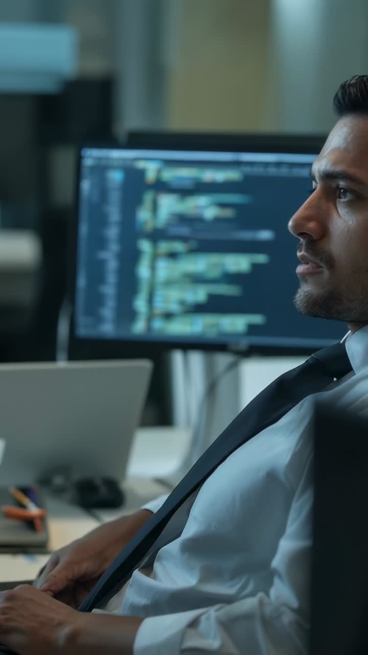 Vertical video: Spotting bug South Asian engineer leaning and scanning monitor at desk, copy space