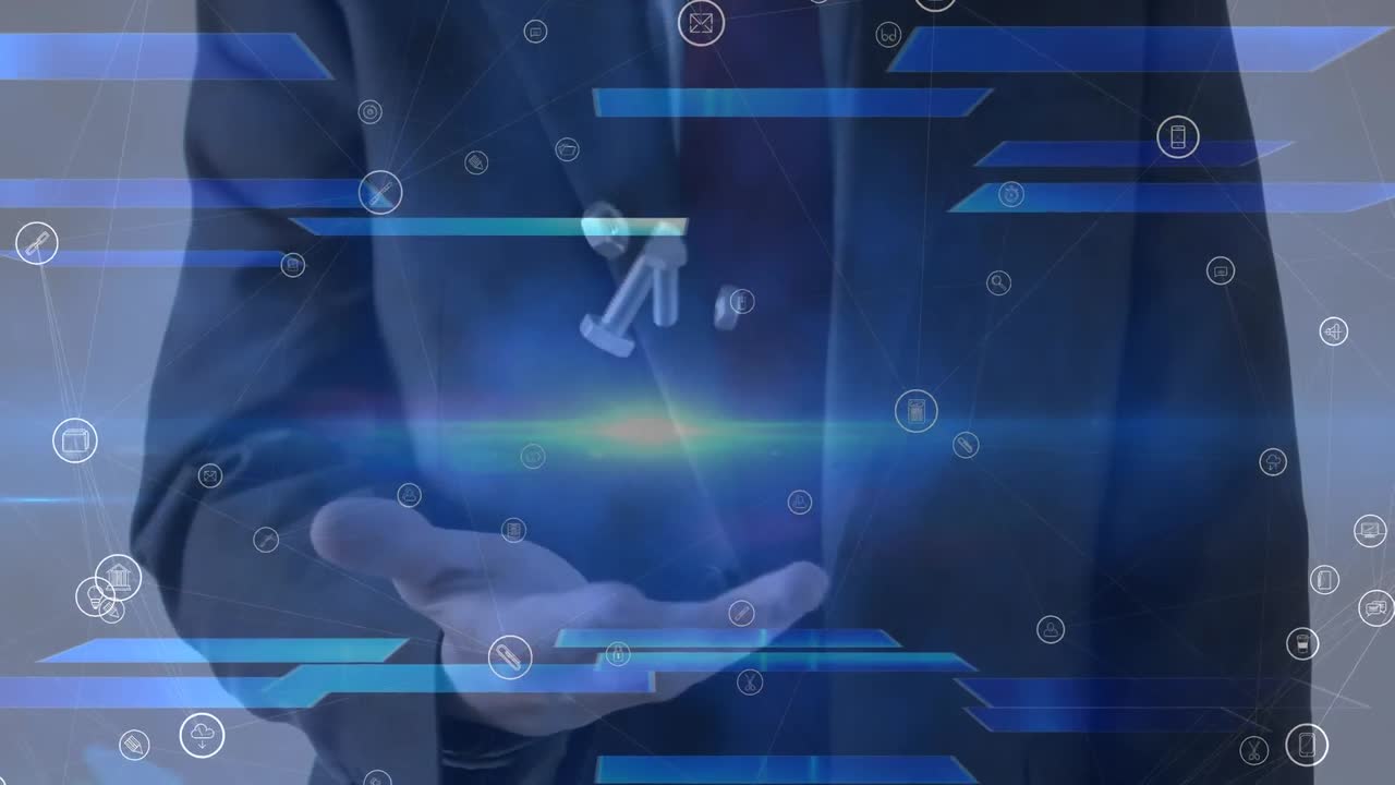 비즈니스맨이 견과류와 볼트를 던지고 잡는 미디어 아이콘 네트워크의 애니메이션