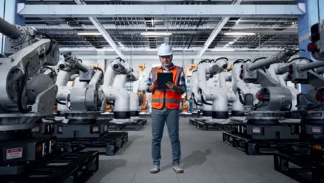 trabajador de fábrica inspeccionando robots industriales