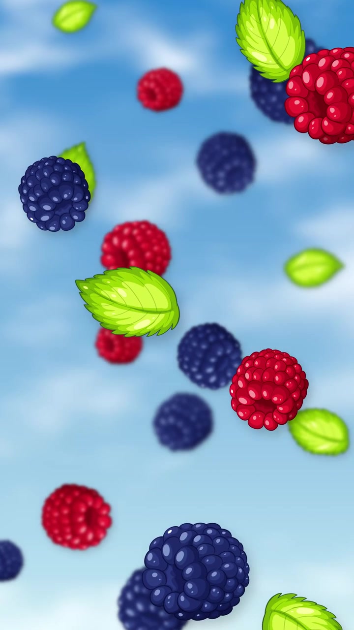 Frutti di bosco misti animati e foglie verdi cadono attraverso un cielo azzurro brillante con nuvole soffici.