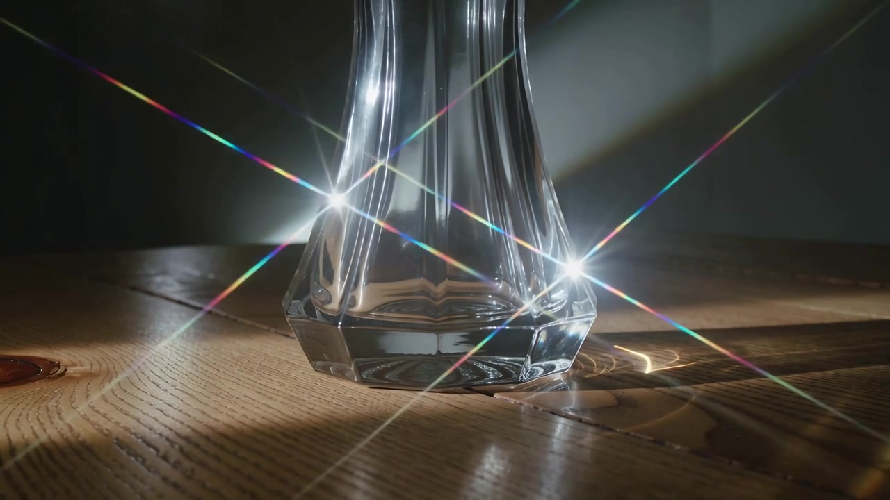 Shifting angled beam striking faceted glass vessel on wooden tabletop, causing rainbow flares