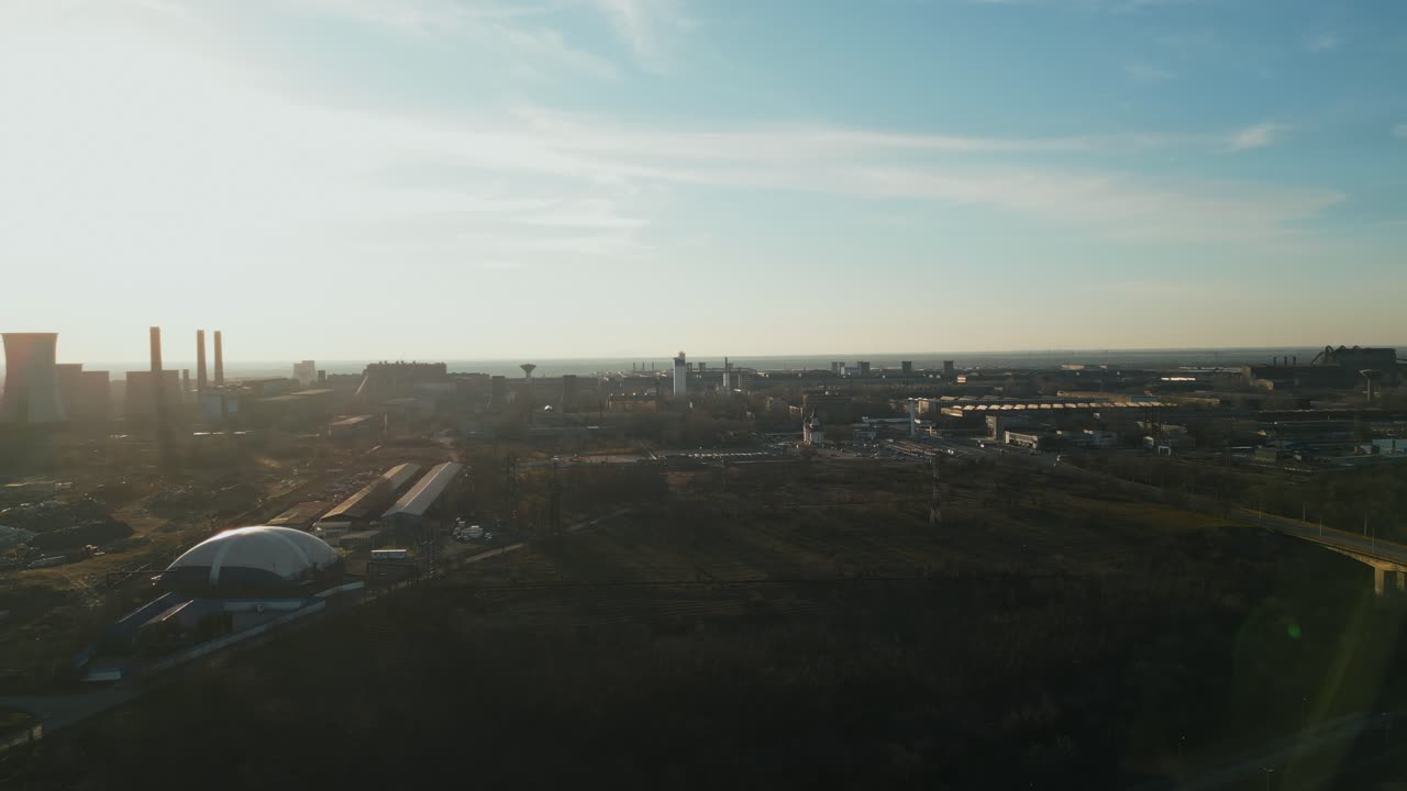 Galati Steel Plant In Romania At Sunrise - Aerial Drone Shot