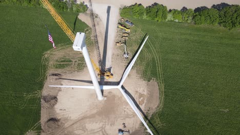 Wind-turbine-blade-on-ground-ready-to-be-lifted,-aerial-drone-view