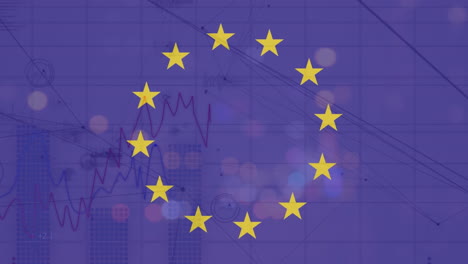 Animación-De-Círculos-Giratorios-En-La-Bandera-De-La-UE-Y-Procesamiento-De-Datos-Estadísticos-Contra-El-Tráfico-Nocturno-De-La-Ciudad