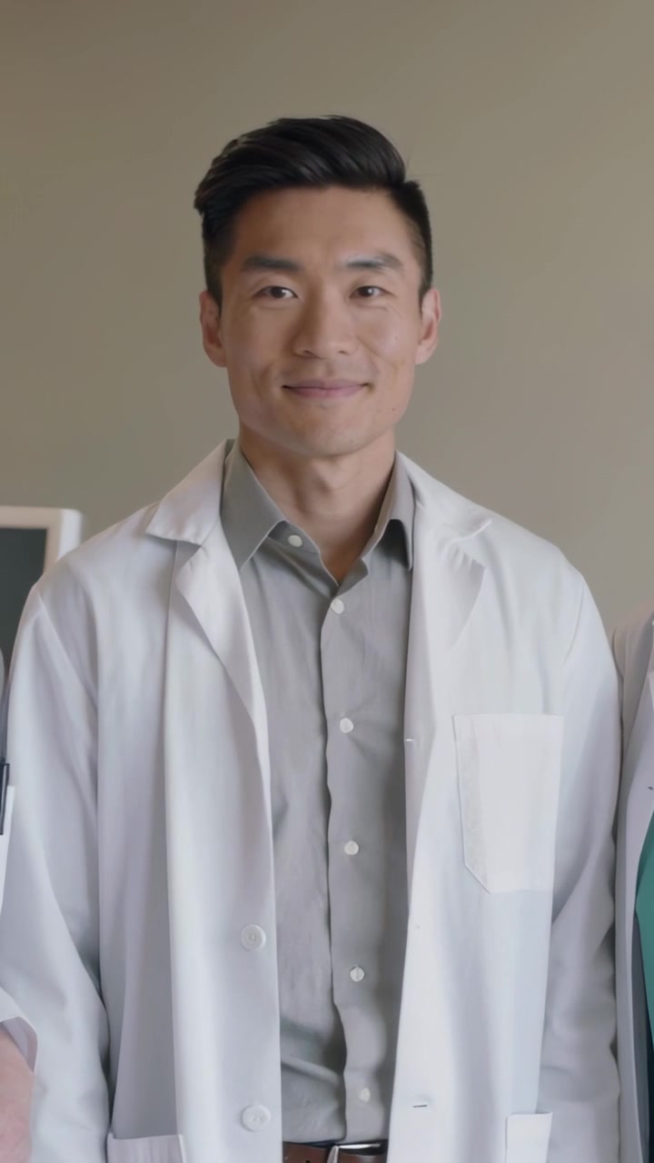 Video vertikal: Kamera mempersempit fokus, menyorot dokter Asia tersenyum dalam potret klinik dengan jas lab.
