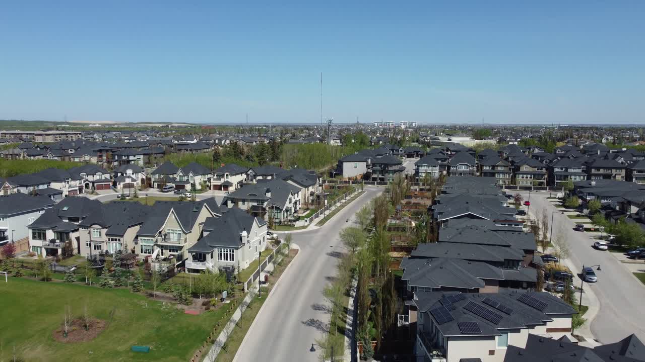 Aerial view of a suburban neighbourhood in Calgary, Alberta in summer.