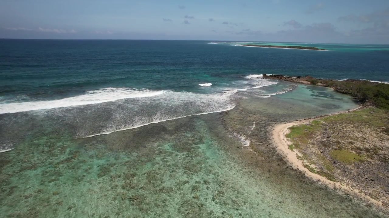 Acque turchesi e barriere coralline vicino a una piccola spiaggia sulla costa di un'isola tropicale, veduta aerea