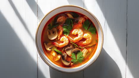 delicious thai shrimp soup with mushrooms and herbs in bowl