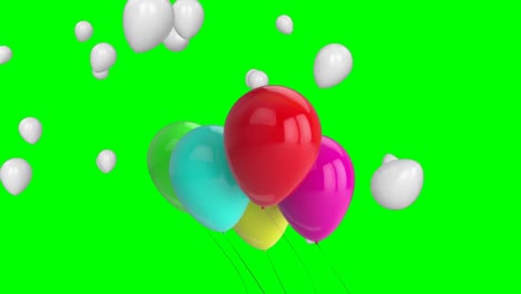 Animation-Von-Bunten-Luftballons,-Die-Vor-Grünem-Hintergrund-Fliegen