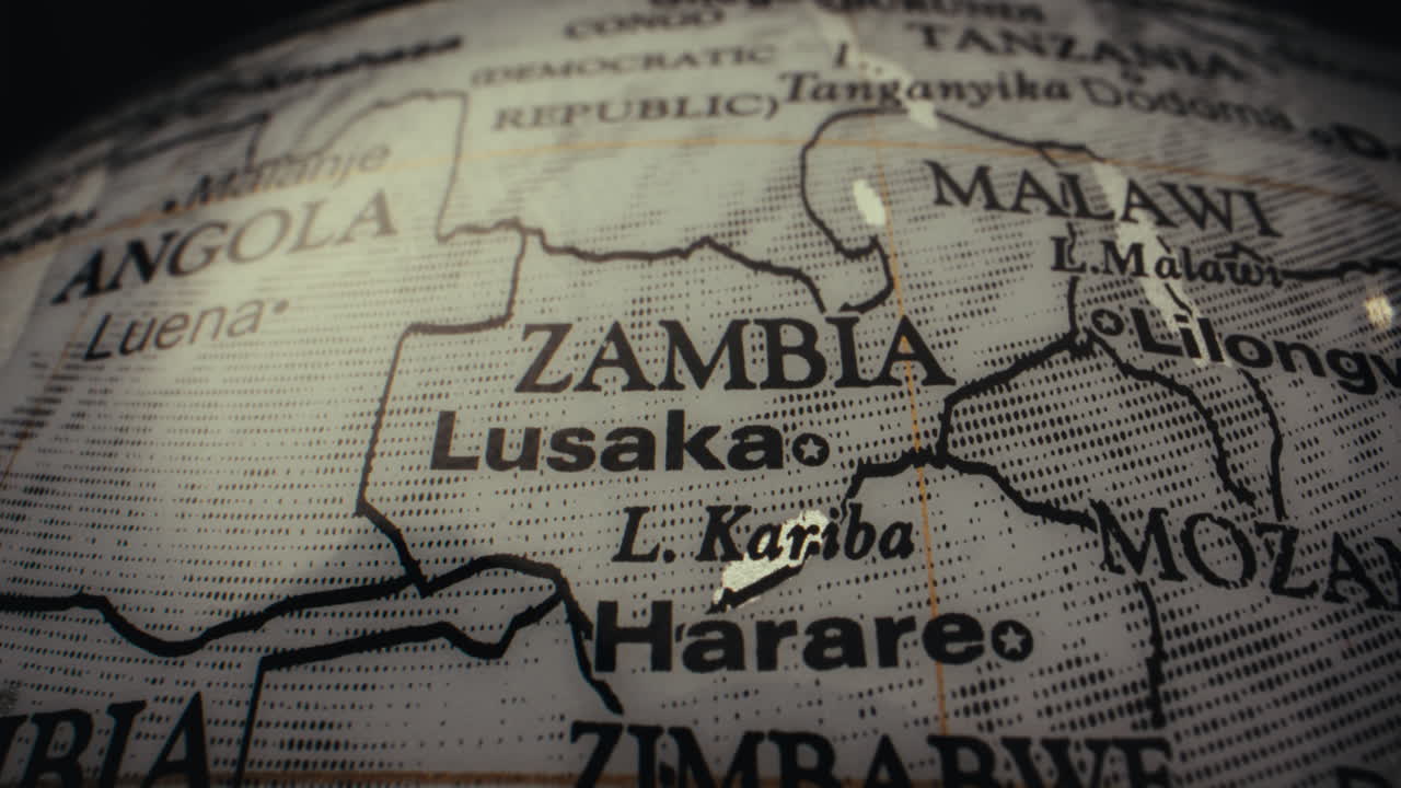 Close-up of a vintage world globe map, focusing on the African countries of Zambia, Malawi, Angola, Zimbabwe, and Mozambique.