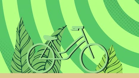 Animación-De-Bicicleta-Moviéndose-Sobre-Plantas-Y-Fondo-De-Rayas-Verdes.