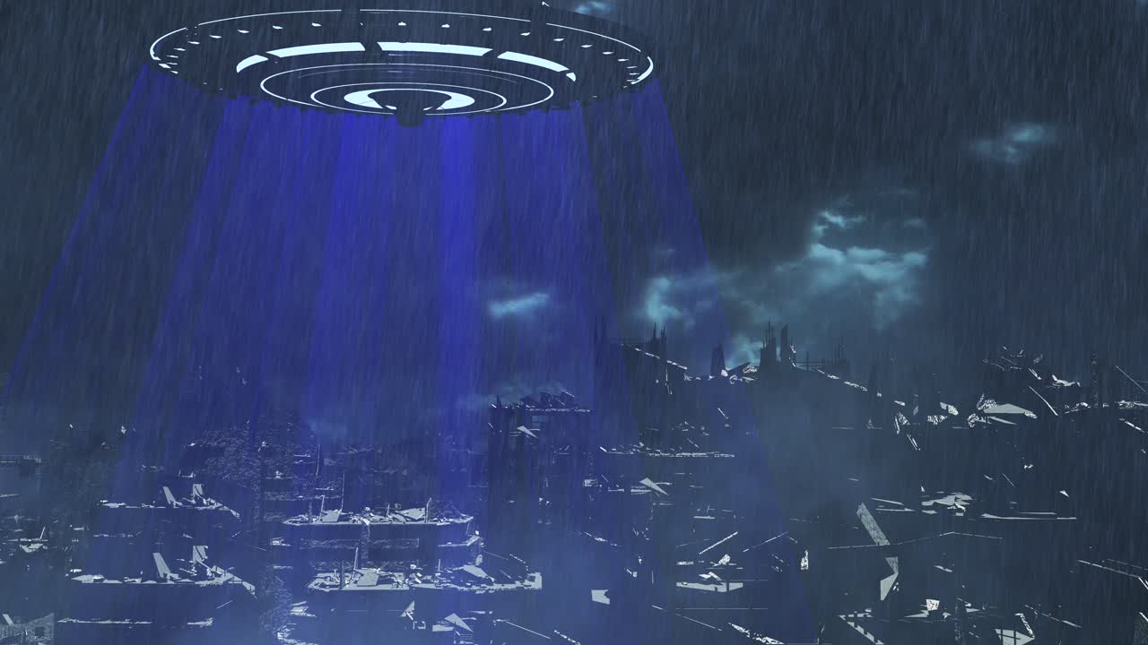 UFO over byruiner i regnet