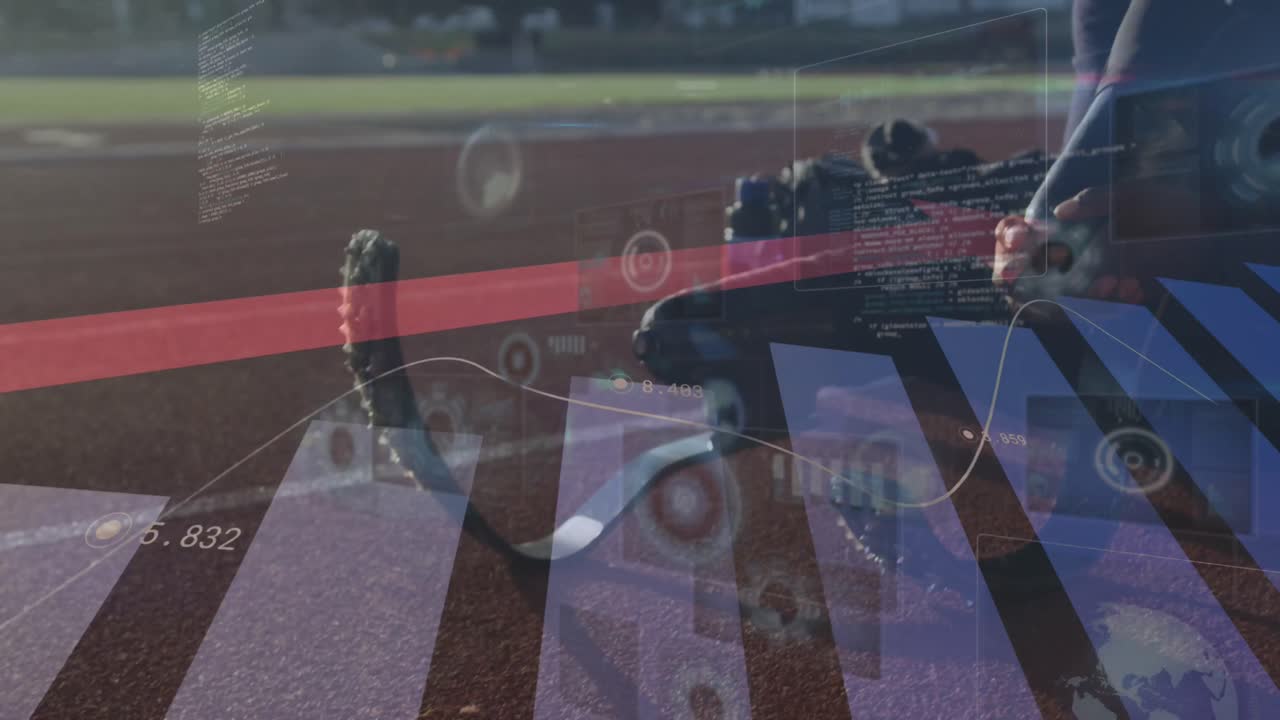 경주 트랙에서 달리기 블레이드를 가진 장애인 남성 운동 선수 위에 화살표를 가진 통계의 애니메이션