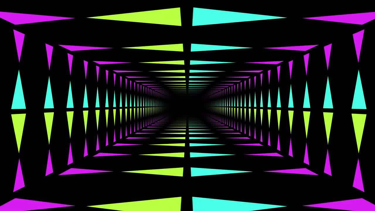 Moving through neon lit tunnel while colourful circles appear in foreground