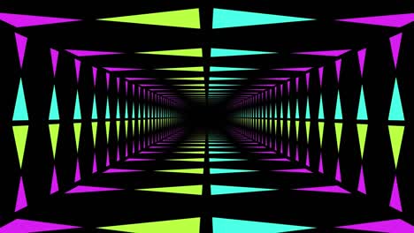 moviéndose a través de un túnel iluminado con neón mientras que los círculos coloridos aparecen en primer plano