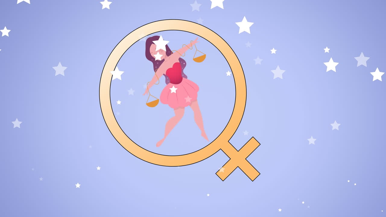 Animazione di stelle cadenti su simbolo femminile e icona di donna