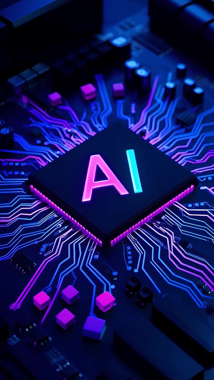 Sfondo Tecnologico Futuristico con Scheda Madre e Chip AI 4K
