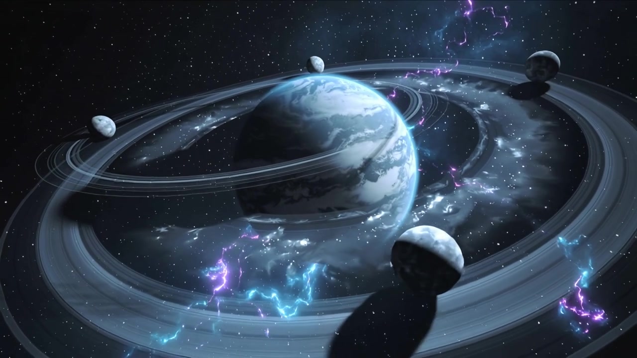 Telecamera che ruota, rivelando un grande pianeta gassoso anellato nello spazio, mostrando lune in movimento e archi pulsanti.